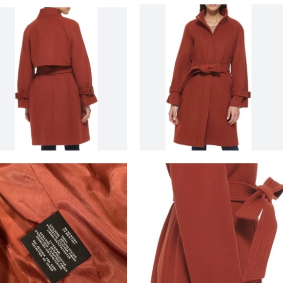 NEW Cole Haan Zip front Belted Cuff Womens Belted Raglan Melton Wool Coat Rust 8 - Picture 1 of 16